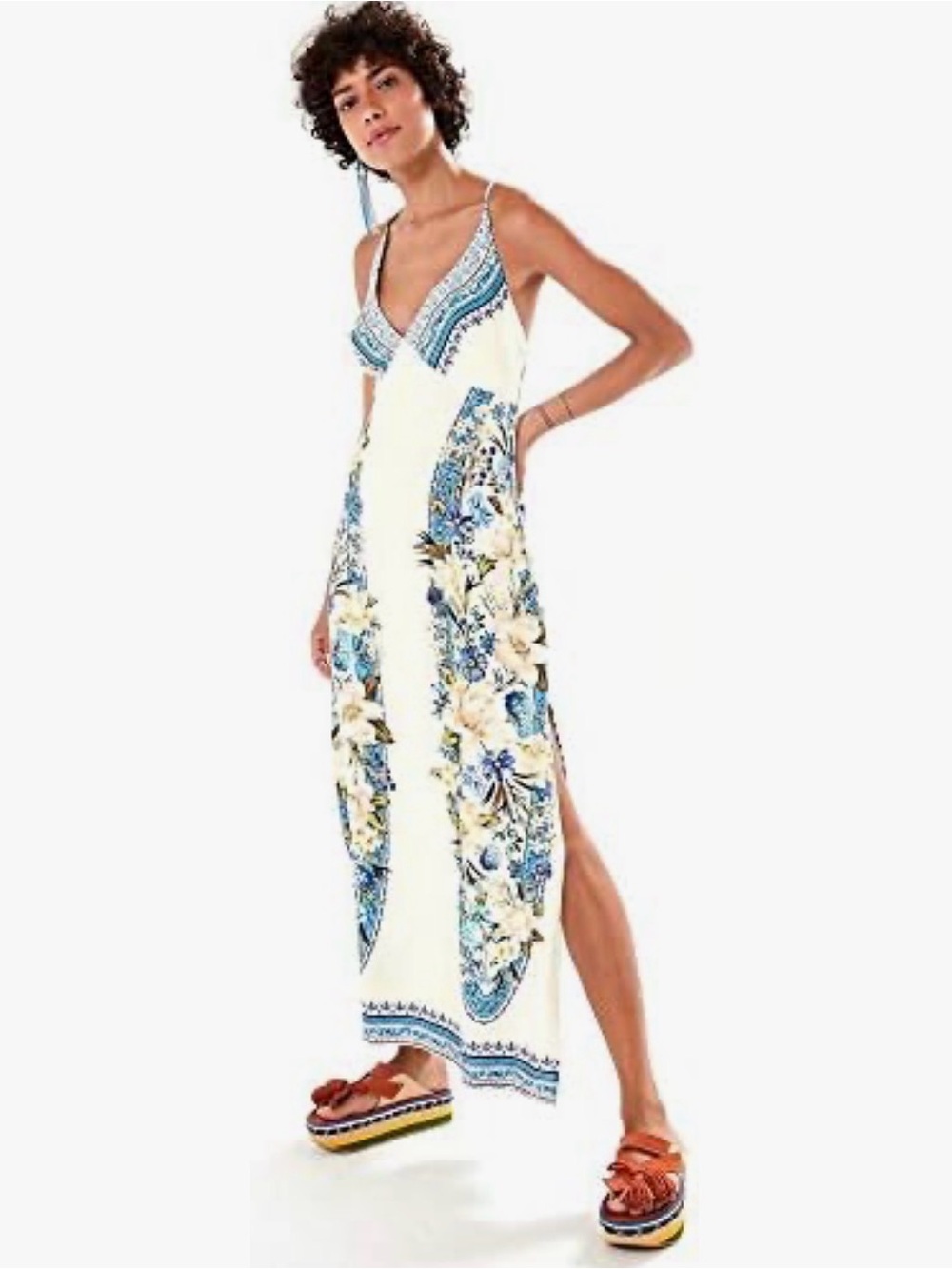 Farm Rio White Midi Slip Dress with Blue Floral Print Small